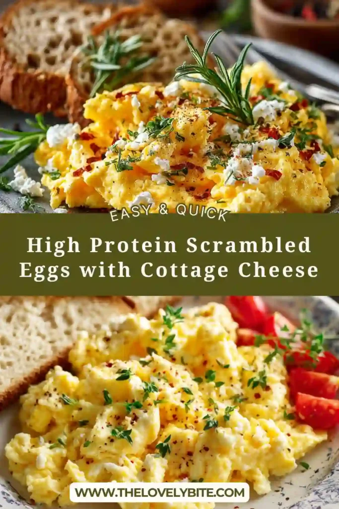 Close-up of creamy scrambled eggs mixed with cottage cheese, showing soft folds and a smooth texture in a skillet. Perfect high protein breakfast option.