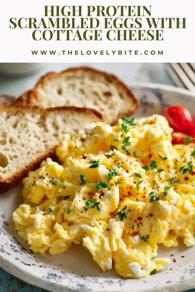 High protein scrambled eggs with cottage cheese served warm on a plate, garnished with pepper, showcasing a fluffy and moist texture.