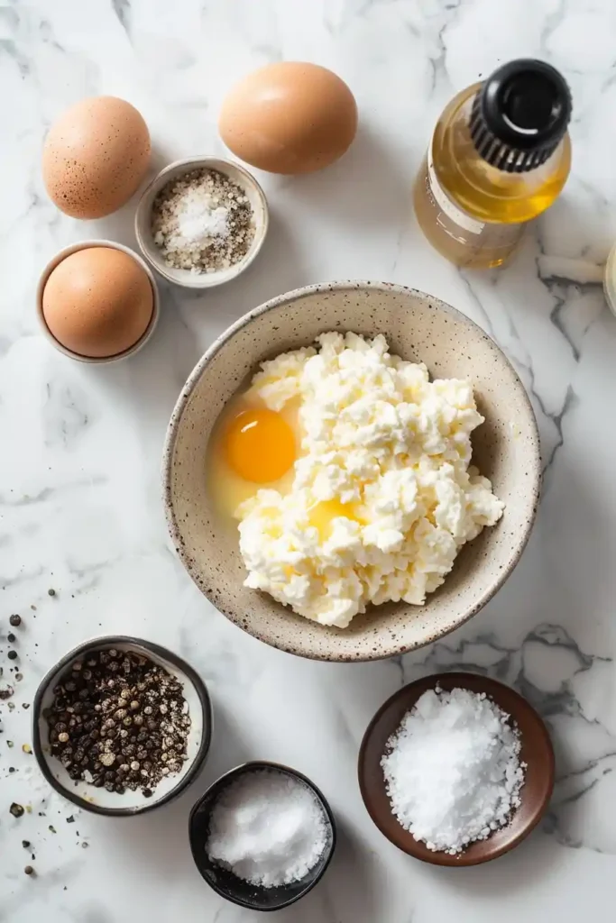 A plate of high protein scrambled eggs with cottage cheese, soft and creamy with black pepper on top, served fresh for breakfast. The texture looks fluffy and rich.