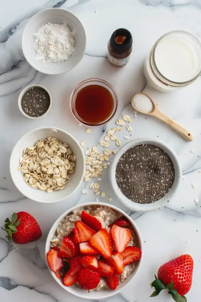 A jar of High Protein Strawberry Overnight Oats topped with fresh chopped strawberries, showing a creamy and thick texture perfect for a healthy breakfast.