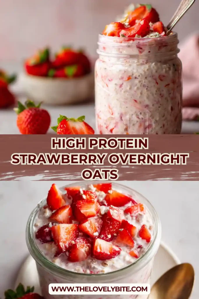 Creamy overnight oats with strawberries and protein powder in a jar, showcasing a wholesome and filling breakfast recipe.