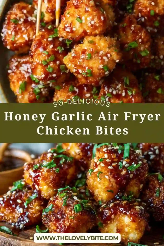 Close-up of Honey Garlic Air Fryer Chicken Bites showing crispy coating and sticky honey garlic glaze. Perfect for easy air fryer meals.