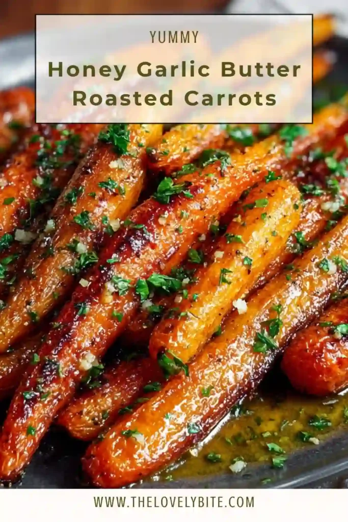 Honey garlic butter roasted carrots served in a bowl, glazed and garnished with fresh parsley, showing caramelized edges and rich color.