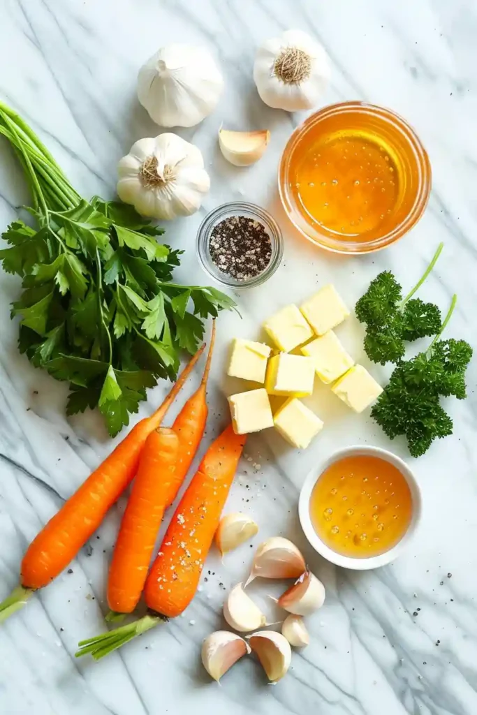 A serving dish filled with honey garlic butter roasted carrots, vibrant and garnished, ready to eat.