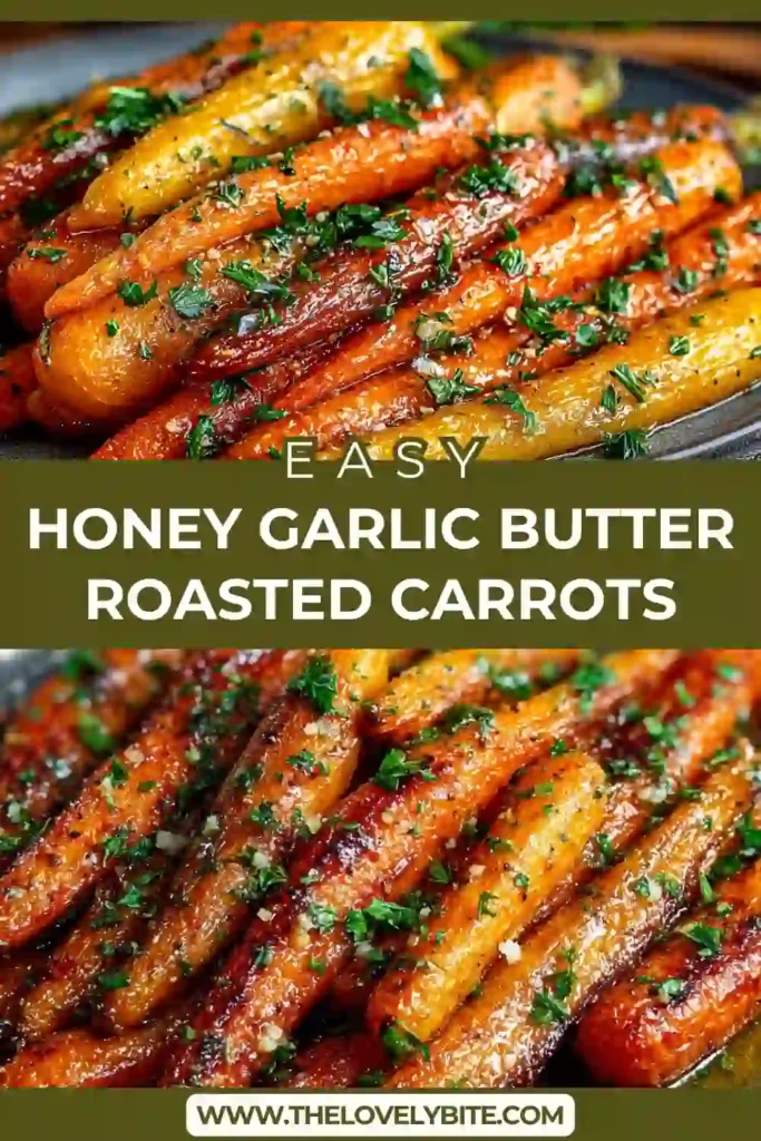 Close-up of oven roasted carrots coated in honey garlic butter sauce, perfectly tender with a glossy finish.