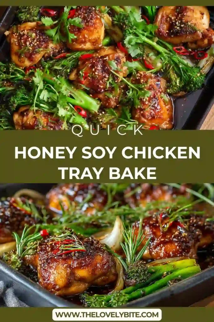 Honey Soy Chicken Tray Bake with caramelized chicken thighs and roasted broccolini on a baking tray, coated in a glossy sauce.