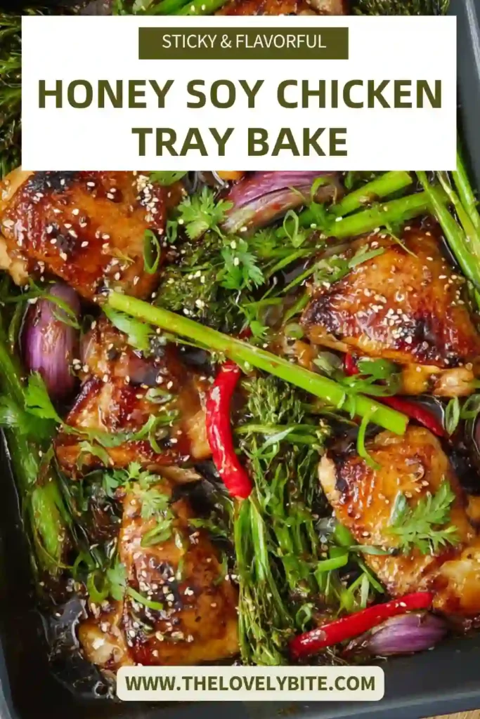 Close-up of Honey Soy Chicken Tray Bake showing tender chicken and vegetables glazed in rich honey soy sauce.