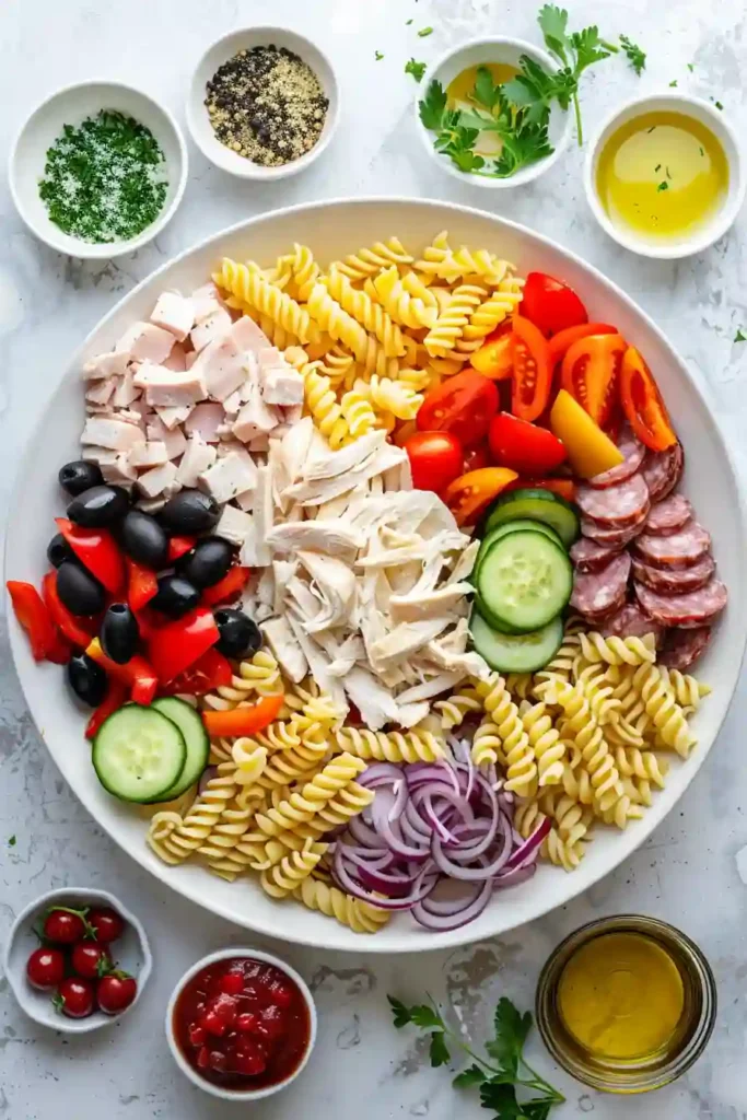 A bowl of Italian pasta salad with chicken, cherry tomatoes, olives, and herbs mixed in a light dressing. Fresh and colorful meal perfect for lunch or dinner.