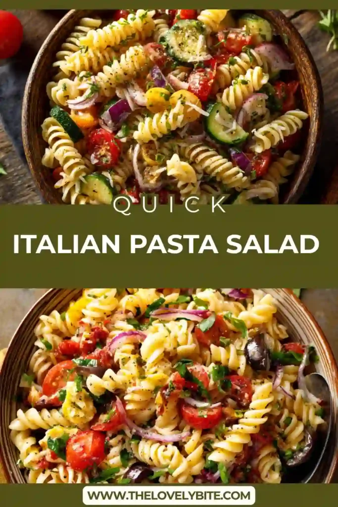 Close-up of Italian pasta salad recipe featuring rotini pasta, vegetables, and shredded chicken tossed in a creamy vinaigrette dressing.