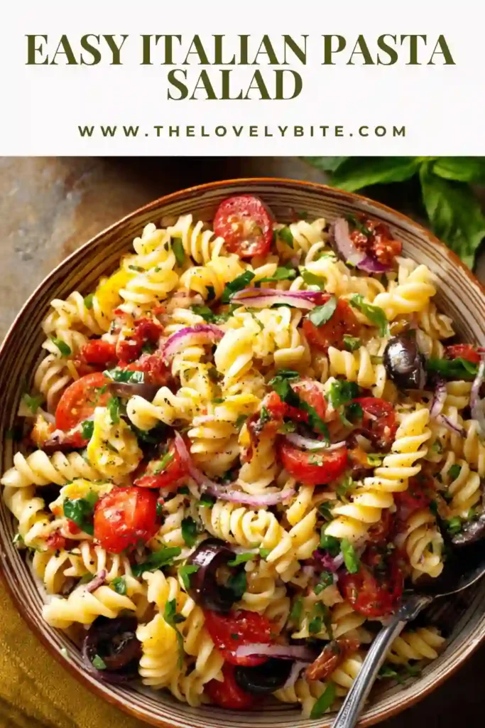 Homemade Italian pasta salad with pasta, olives, tomatoes, and chicken mixed evenly with flavorful dressing.