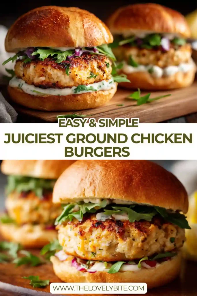 Close-up of juicy chicken burger patties cooked to perfection with golden crust and soft interior.