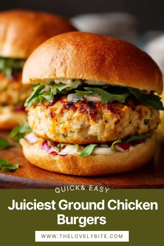 Homemade ground chicken burgers on a plate with toppings, highlighting their juicy and flavorful appearance.