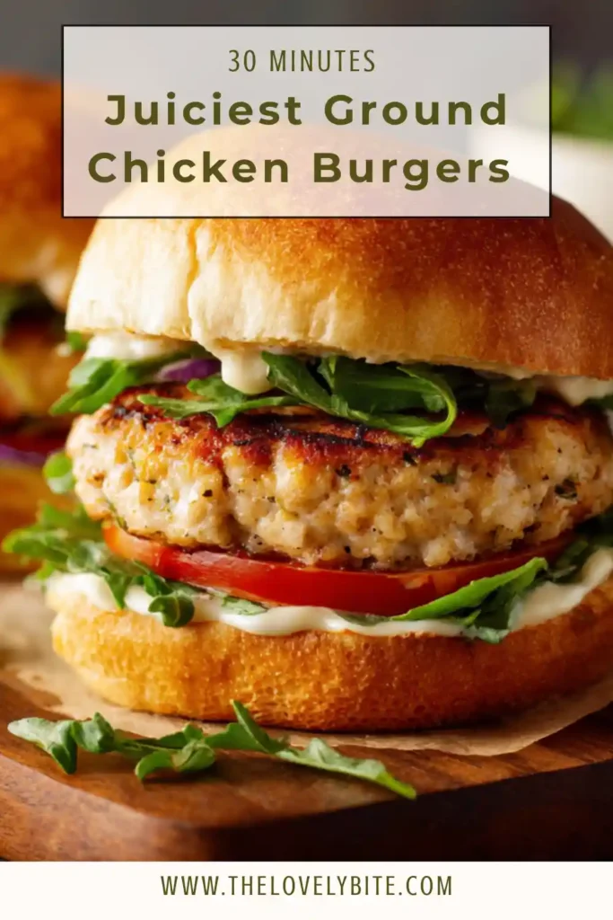 Grilled chicken burgers with fresh herbs and buns, showcasing a perfectly cooked juicy texture.