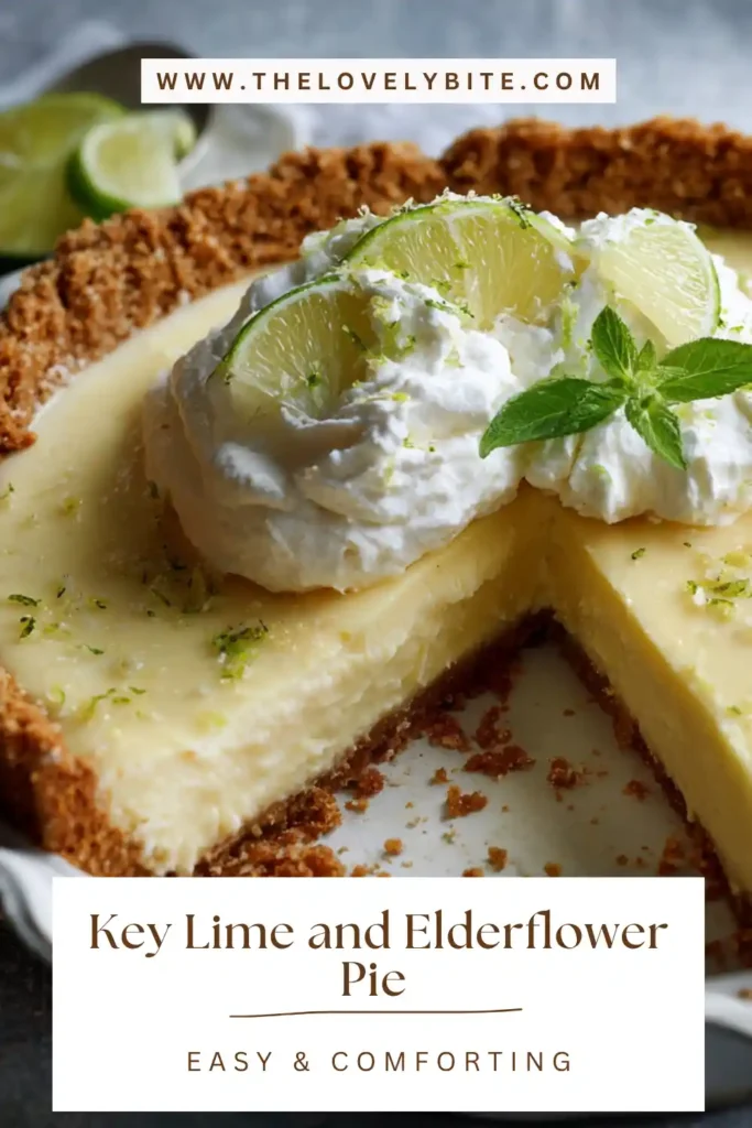 Whole Key Lime and Elderflower Pie with smooth filling and decorative whipped cream topping on a golden crust.