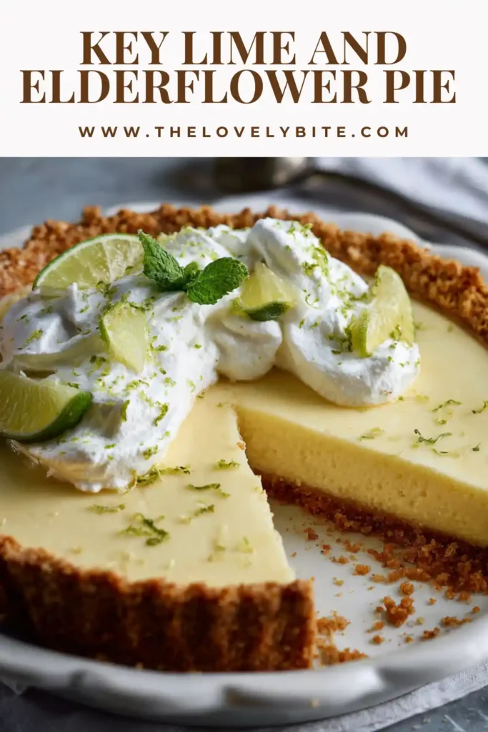 Close-up of creamy citrus elderflower pie slice with lime zest and fresh mint garnish.