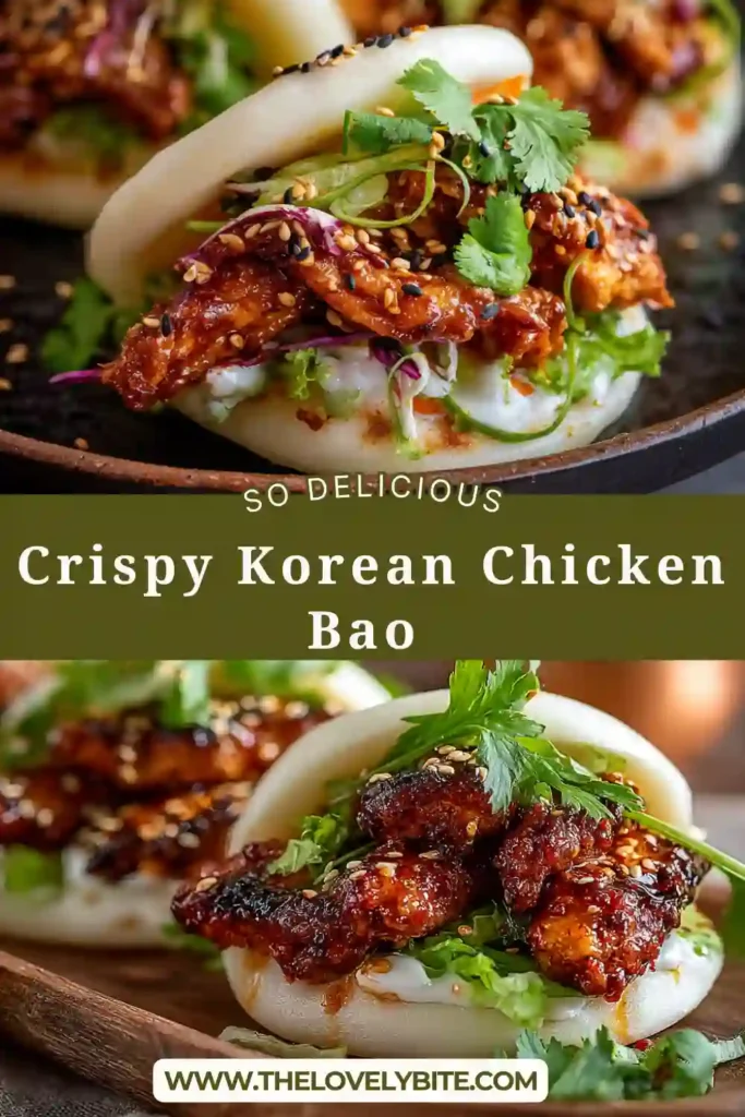 Close-up of Korean Chicken Bao showing crunchy chicken coated in gochujang sauce with fresh vegetables.