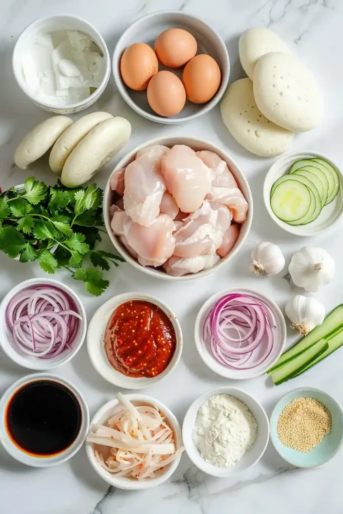 Korean Chicken Bao filled with crispy glazed chicken, cucumber ribbons, and sesame seeds in soft steamed buns.
