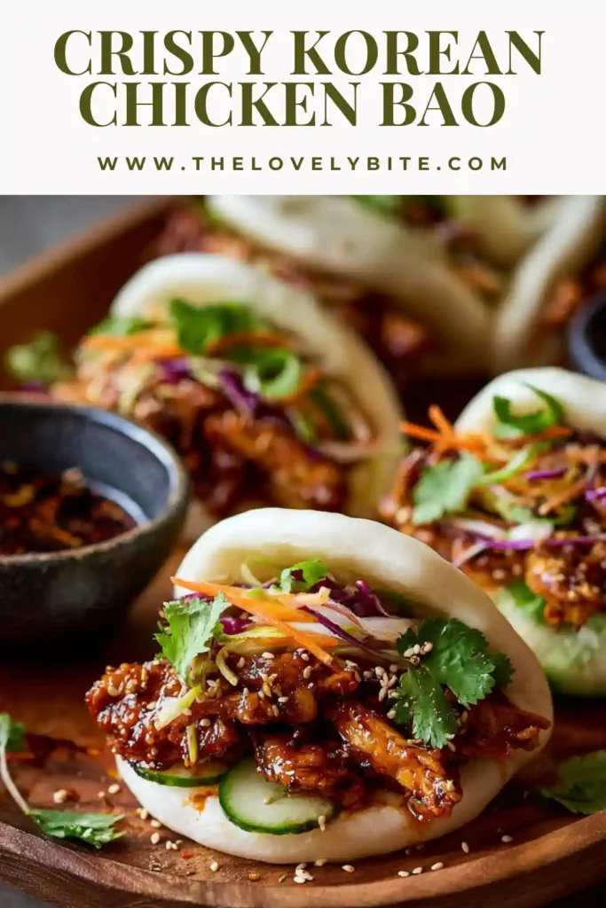 Homemade Korean Chicken Bao arranged on a plate with vibrant toppings and fluffy buns.