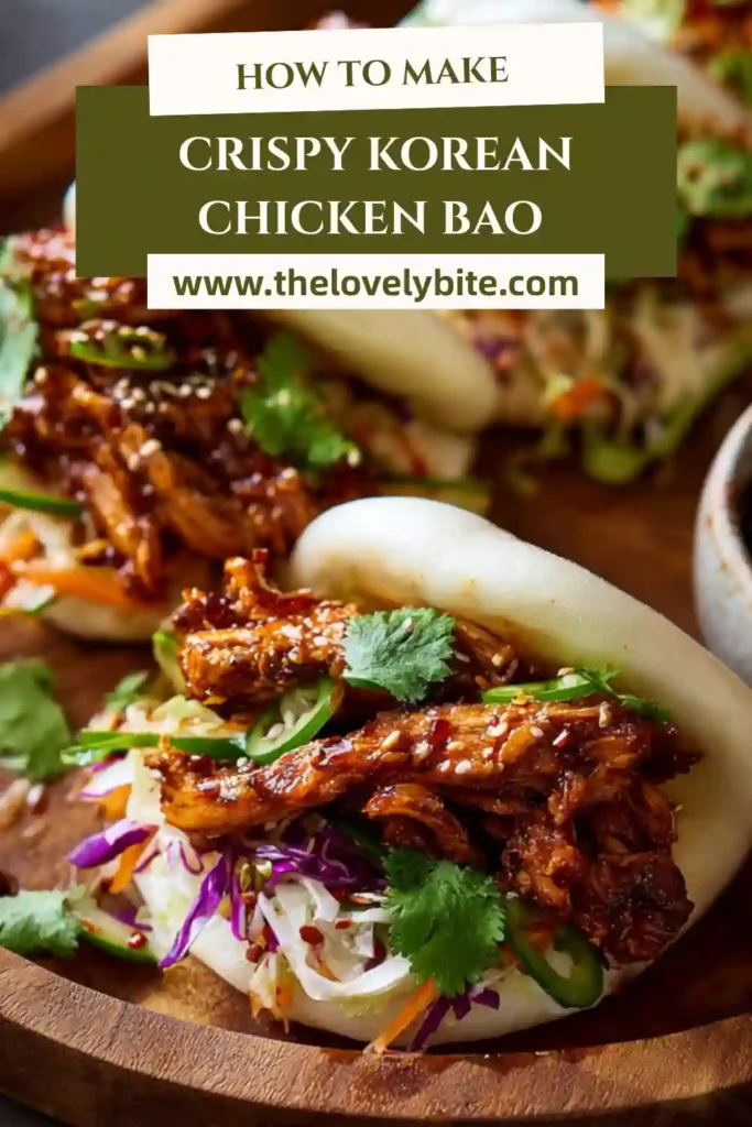 Soft bao buns stuffed with spicy Korean chicken, creamy sauce, and fresh herbs.