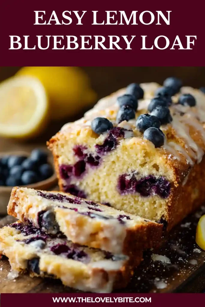 A homemade Lemon Blueberry Loaf on a serving plate, drizzled with lemon icing and topped with crumble. The loaf has a soft buttery interior with vibrant blueberries throughout.