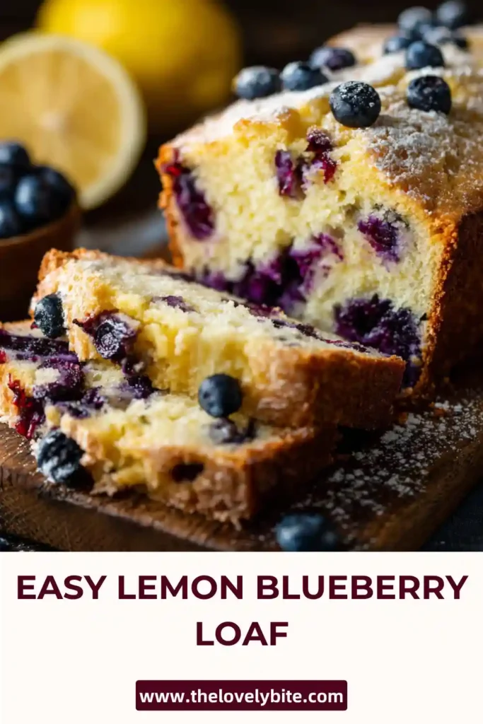 Close-up of a moist Lemon Blueberry Loaf made with fresh lemon juice, lemon zest, and blueberries. The glazed top and tender slices make this blueberry loaf cake look fresh and inviting.