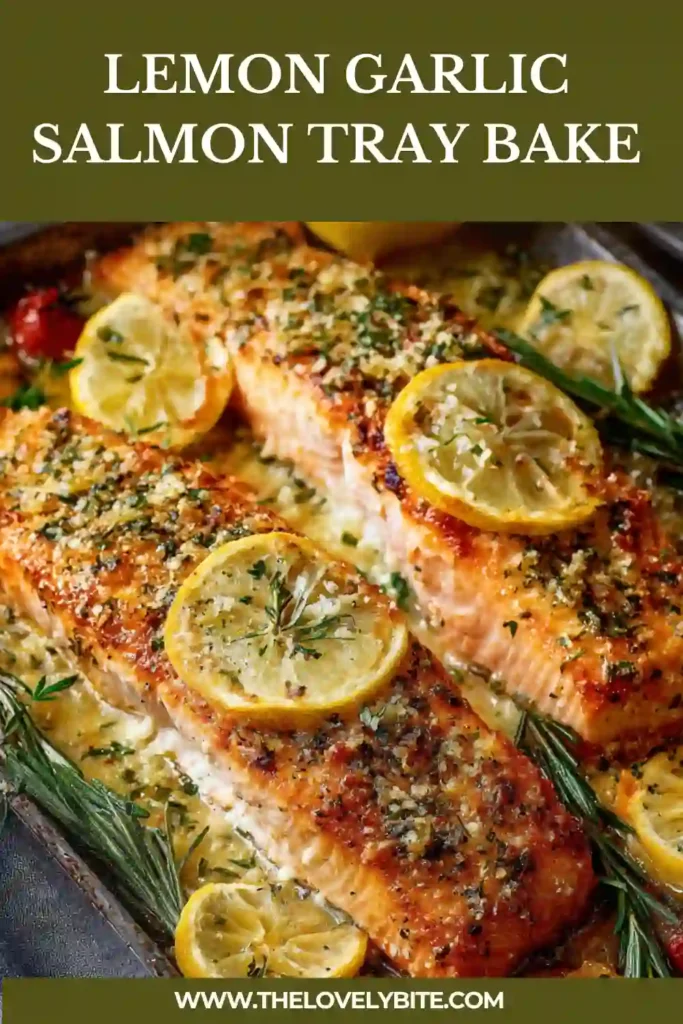 A tray of lemon garlic salmon with asparagus and cherry tomatoes, roasted to perfection with fresh herbs and citrus slices.