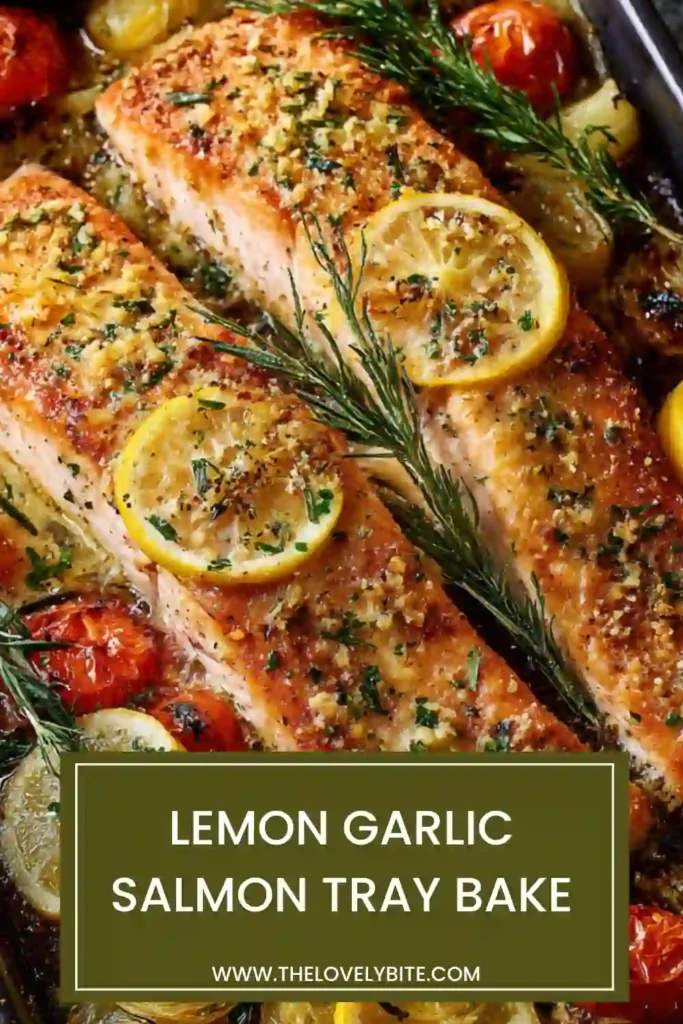 Close-up of flaky salmon topped with lemon garlic sauce, served with roasted vegetables on a baking tray.