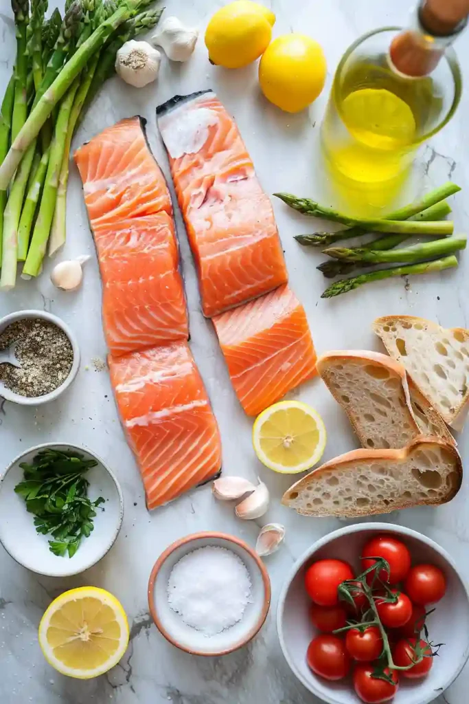 Oven-baked salmon with lemon, garlic, and herbs alongside asparagus and tomatoes on a sheet pan.