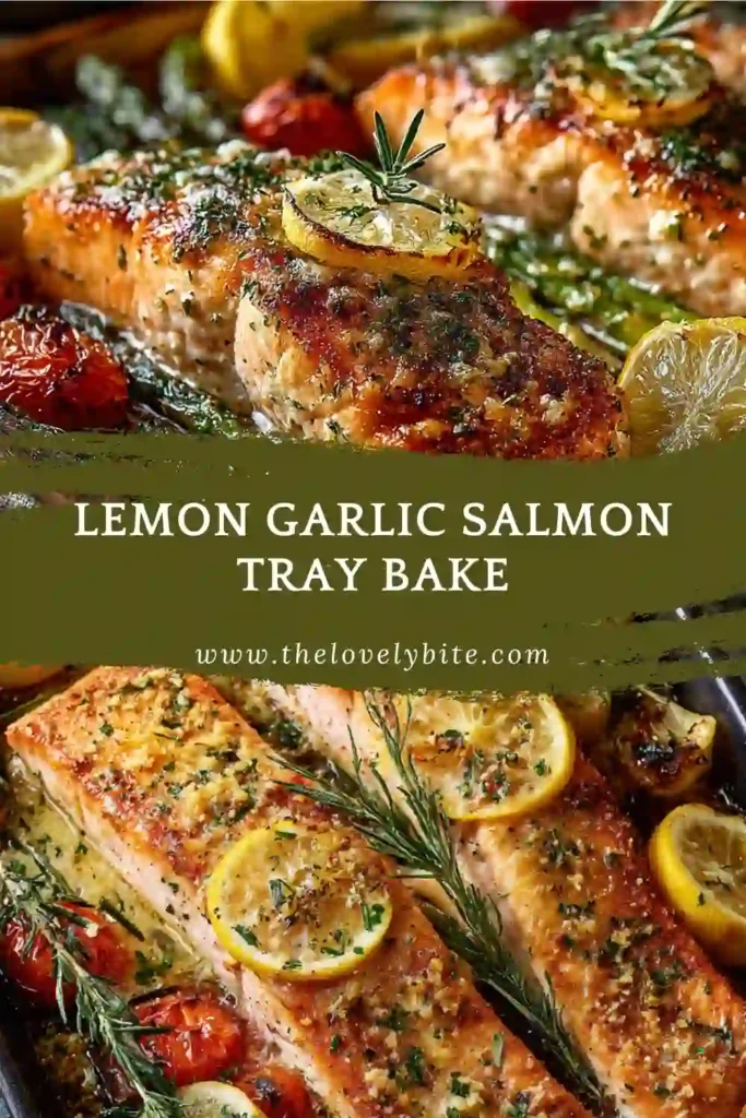 Healthy lemon garlic salmon tray bake featuring golden salmon fillets and vibrant roasted vegetables.