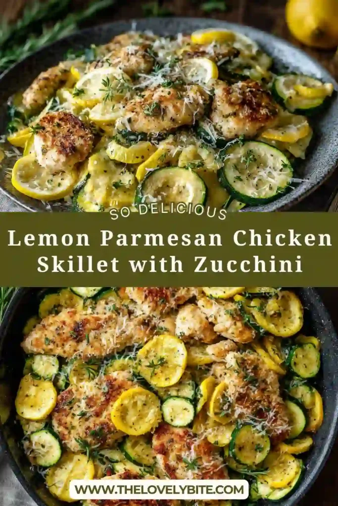Lemon parmesan chicken skillet with zucchini and squash in a pan, showing golden chicken pieces and fresh vegetables. Bright lemon adds freshness to this easy one pan meal.