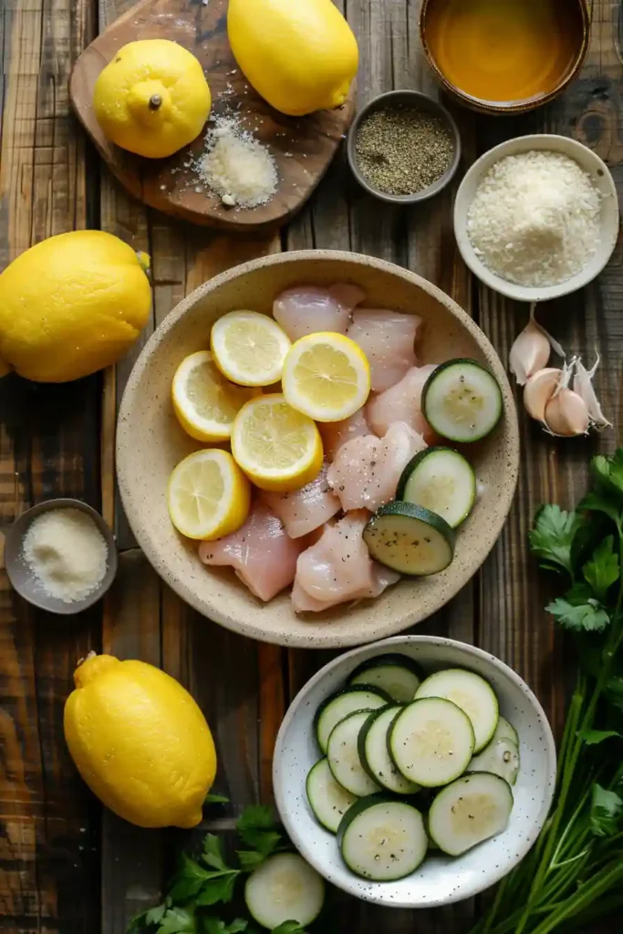 Skillet filled with lemon parmesan chicken and sautéed zucchini and squash, topped with parsley and cheese. Flavorful one pan dinner.
