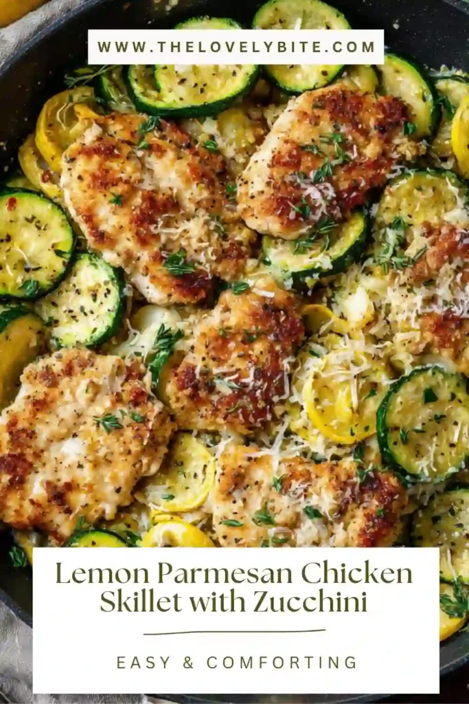 Close-up of lemon parmesan chicken skillet with tender chicken, zucchini, and squash cooked in a savory sauce. A healthy and quick dinner idea.