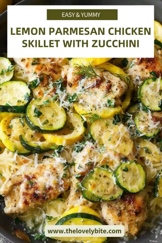 Freshly cooked lemon parmesan chicken skillet served warm with herbs and melted parmesan over vegetables. Perfect weeknight meal.