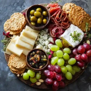 A Light Summer Appetizer Board featuring feta, Camembert, grapes, olives, and pita arranged beautifully on a serving board. The colors are vibrant and inviting.