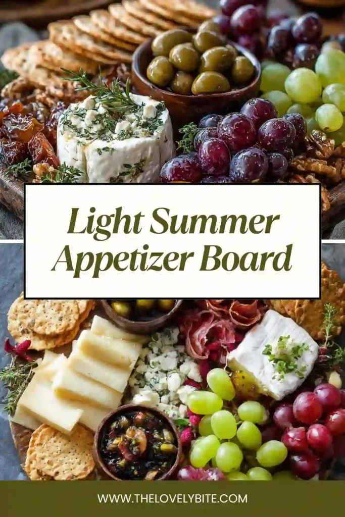 Close-up of a Light Summer Appetizer Board with fresh grapes, soft cheeses, crackers, and Mediterranean snacks. Perfect for summer entertaining.