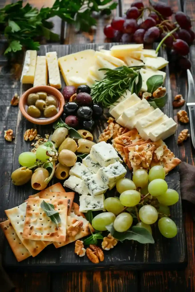 A Light Summer Appetizer Board featuring feta, Camembert, grapes, olives, and pita arranged beautifully on a serving board. The colors are vibrant and inviting.