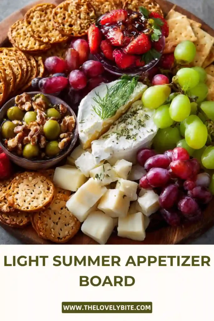 Overhead view of a Light Summer Appetizer Board with a mix of textures including creamy cheese, crunchy nuts, and fresh fruit.