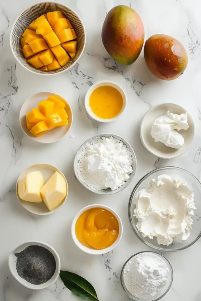 Side view of Easy Mango Passionfruit Cake with visible mango filling and smooth buttercream frosting, styled for a summer dessert.