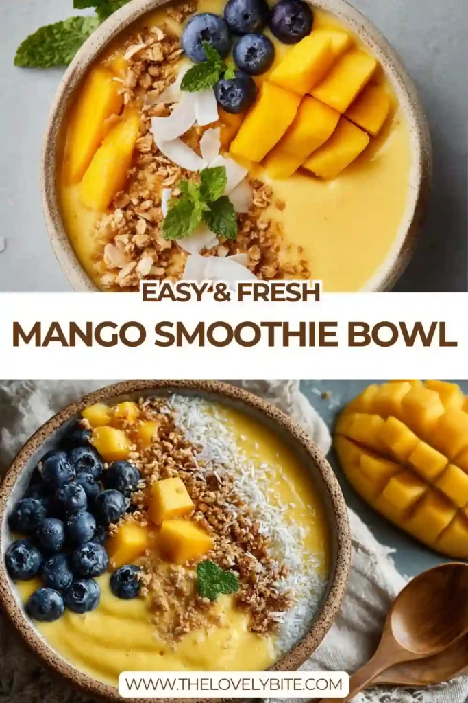 A fresh mango smoothie bowl topped with sliced bananas, seasonal berries, and shredded coconut in a bright serving bowl. The creamy tropical base is made with Greek yogurt, frozen mango, and pineapple for a refreshing breakfast.
