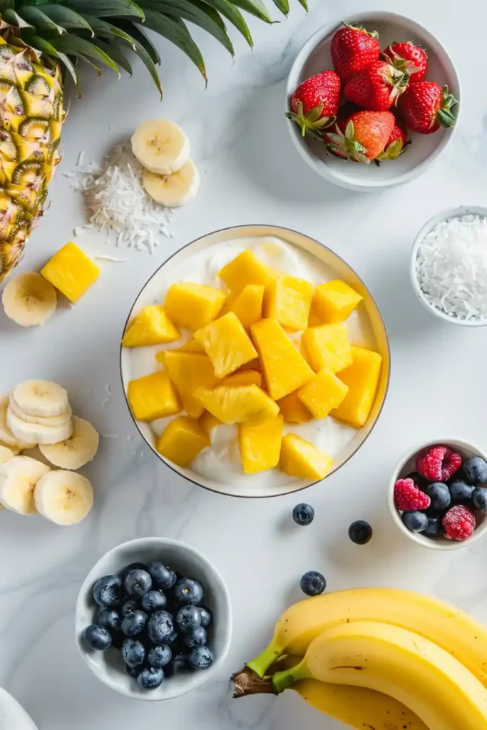 Fresh Mango Smoothie Bowl in a bowl with a thick mango base and neatly arranged toppings of banana, berries, and coconut. The recipe is a quick fruit smoothie bowl perfect for a light and refreshing meal.