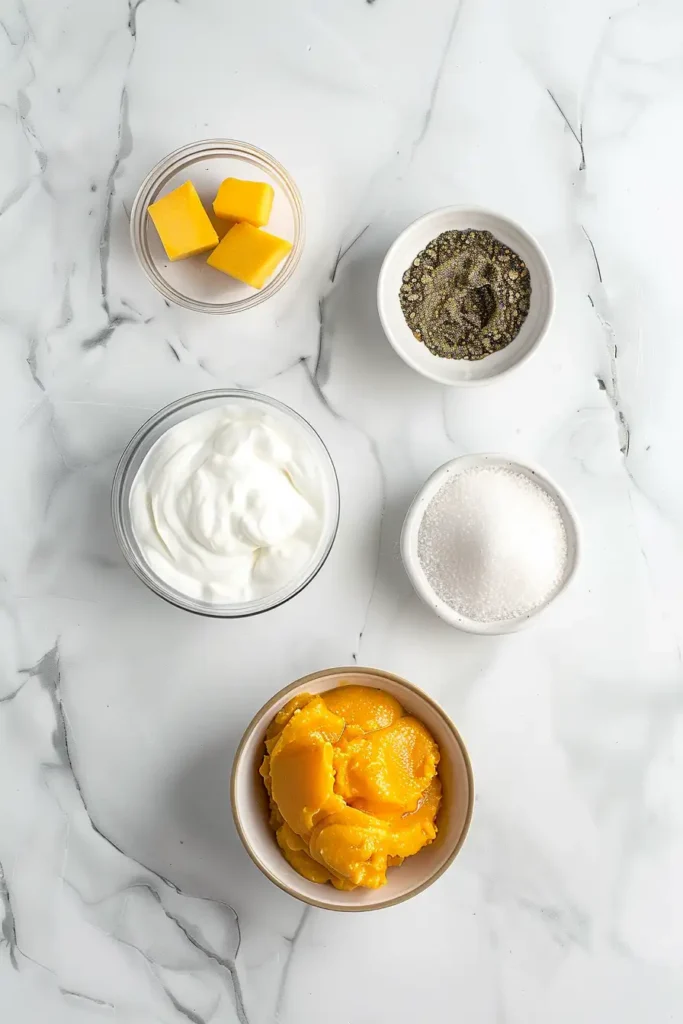 A bowl of Mango and Cardamom Frozen Yoghurt with a creamy texture and golden mango color, topped with crushed cardamom and fresh fruit.