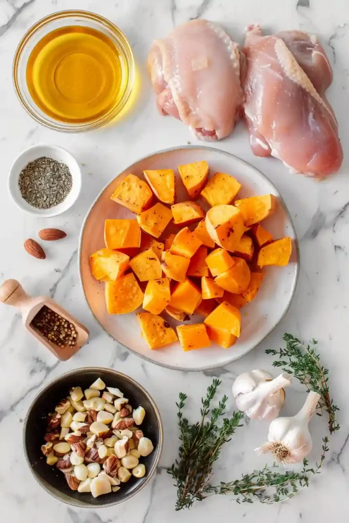 A maple Dijon chicken bowl recipe with roasted sweet potatoes and glazed chicken served in a warm rustic bowl. The dish looks cozy and perfect for fall dinners.
