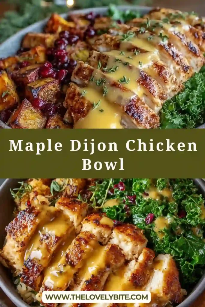 Close-up of a maple Dijon chicken bowl recipe featuring juicy roasted chicken thighs and caramelized sweet potatoes with herbs.