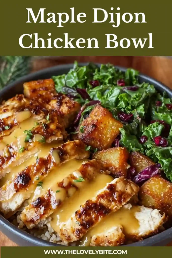 Healthy maple Dijon chicken bowl recipe arranged with golden roasted sweet potatoes and tender chicken pieces.