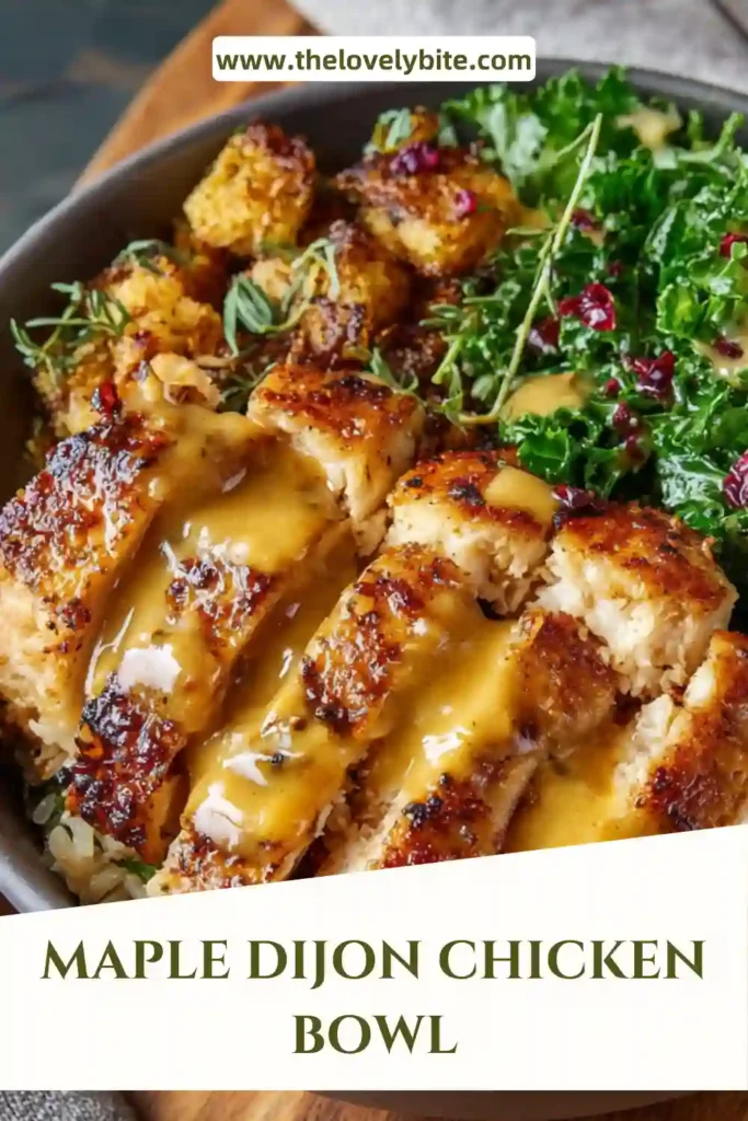 Overhead view of a maple Dijon chicken bowl recipe with sweet potatoes and thyme garnish on a sheet pan meal.