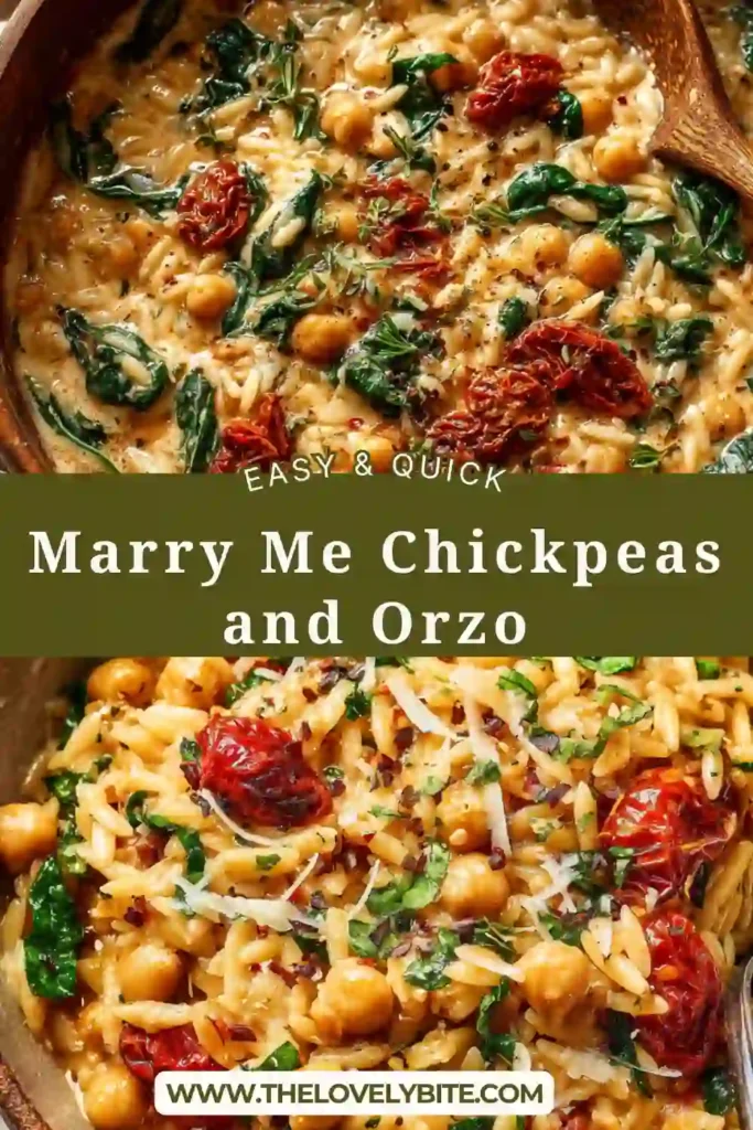 A creamy Marry Me Chickpeas and Orzo dish served in a bowl with spinach and sun-dried tomatoes, showcasing a rich and comforting vegetarian meal.