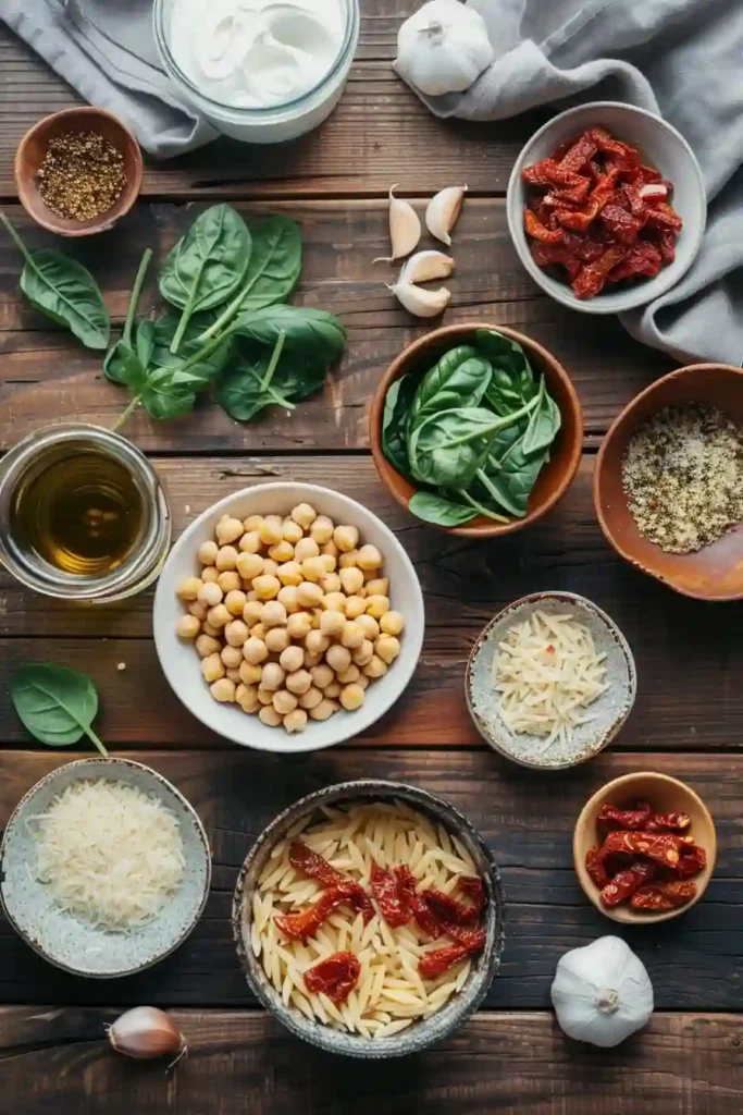 Warm bowl of Marry Me Chickpeas and Orzo garnished with fresh basil and black pepper, perfect for a cozy dinner.