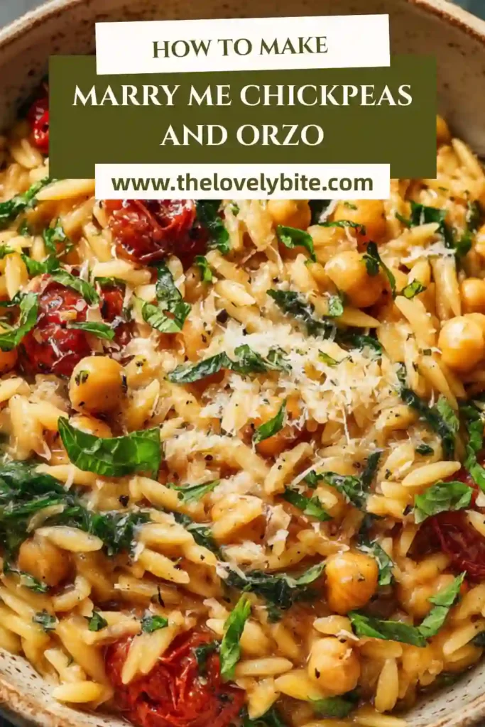 Close-up of Marry Me Chickpeas and Orzo with Parmesan and basil, highlighting the creamy texture and tender pasta.