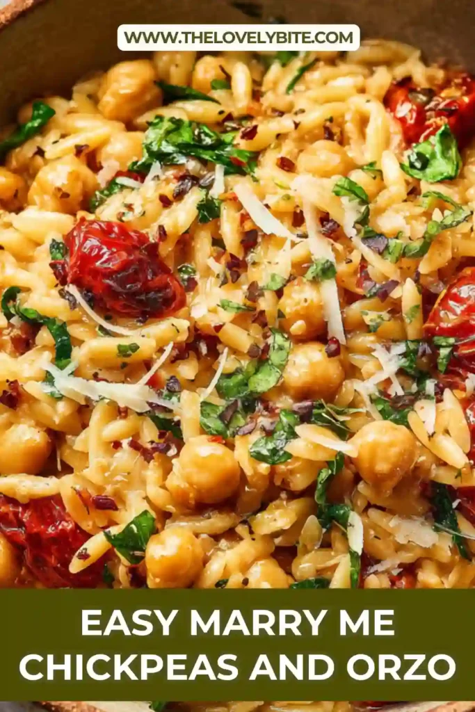 One-pot Marry Me Chickpeas and Orzo recipe featuring chickpeas, orzo, and spinach in a creamy sauce.