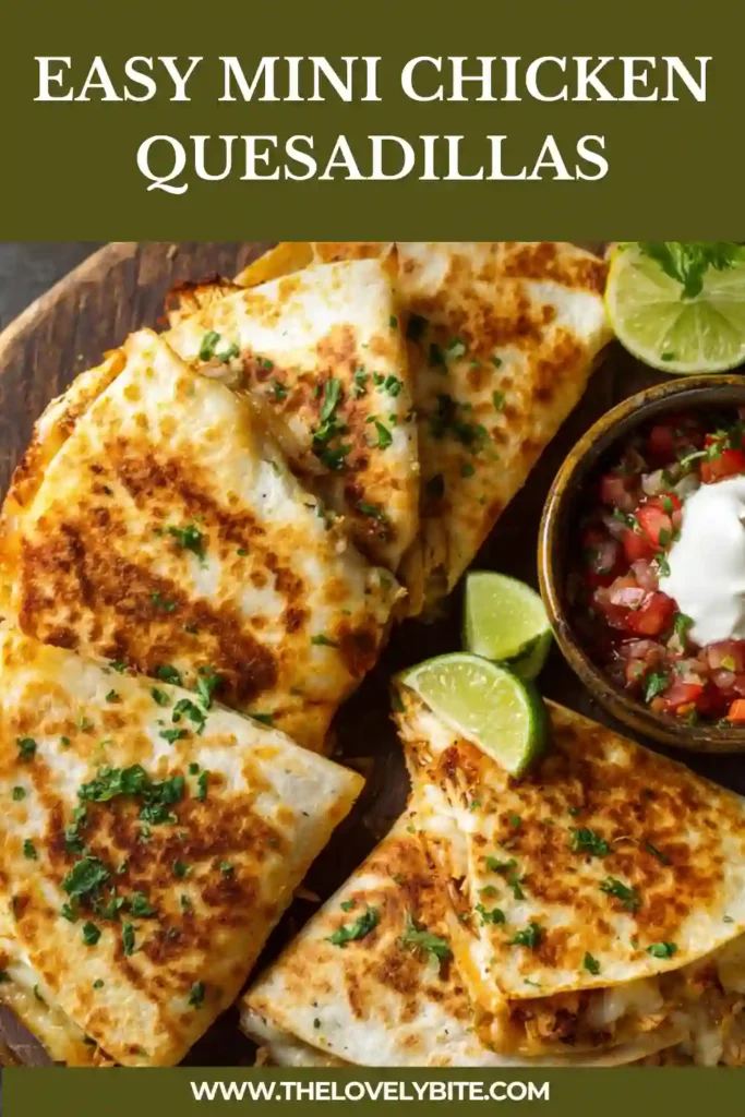 Mini Chicken Quesadillas served golden and crispy with guacamole and salsa on the side. The melted cheese and chicken filling are visible.